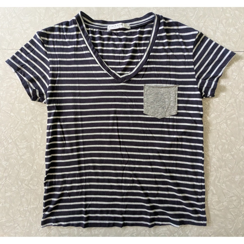 Stateside Womens Navy White Striped V-Neck T-Shirt Grey Pocket Size S USA